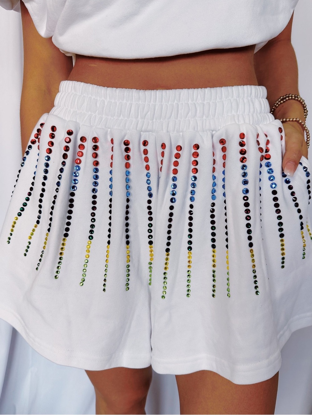Queen of Sparkles White Rainbow Rhinestone Swing Shorts. Size XS